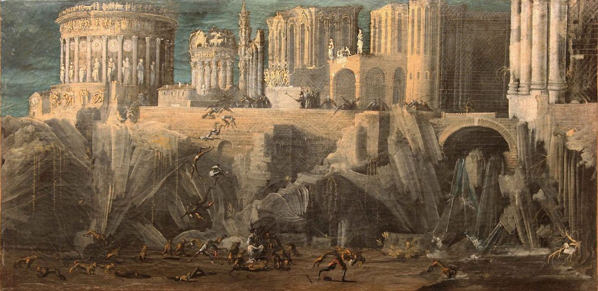 Soldiers cast their enemies over a cliff in a ruined city.